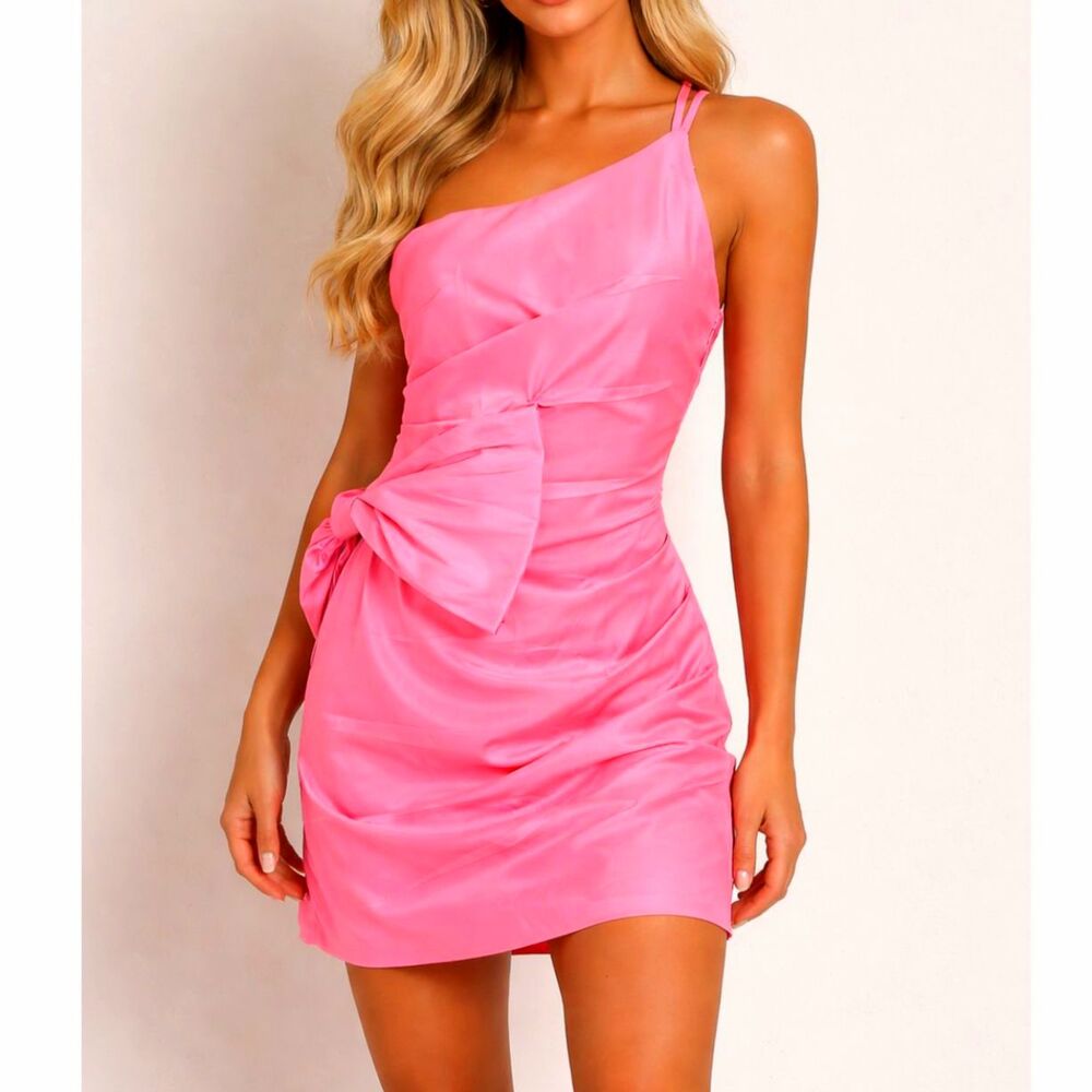 Pink Ruched Taffeta Mini Dress L Bow Cocktail Party Guest Special Hoco Feminine